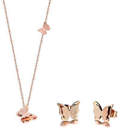 CHIFEI Juego Collar Arete con Dije Mariposa Estrella Flor Camelia Acero Titanio Chapado en Oro Rosa 18k Cadena Mujer