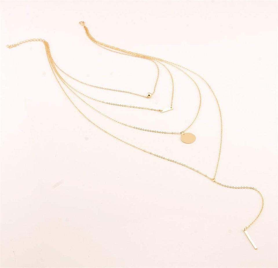 Vagalbox 1 Pcs Oro Elegante Laminado Collar Largo Gargantilla, Bohemio Aleación Colgante Multilayer Bar Moneda Collar Cadenas de Clavícula Collar con Encanto