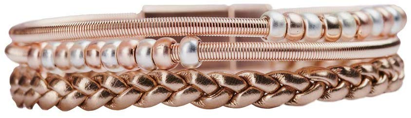 LuckyLy – Pulseras Mujer Modernas Joy – Brazalete para Mujer – Lazos de Piel y Acero Entrecruzado – Oro Rosado y Plata, Plata y Bronce – con Acero Inoxidable Matificado – Broche Magnético Resistente