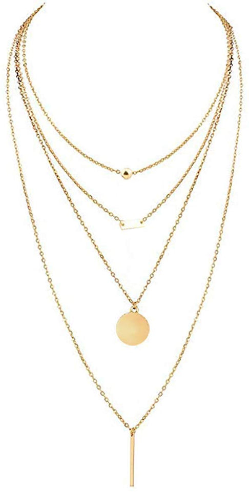 Vagalbox 1 Pcs Oro Elegante Laminado Collar Largo Gargantilla, Bohemio Aleación Colgante Multilayer Bar Moneda Collar Cadenas de Clavícula Collar con Encanto
