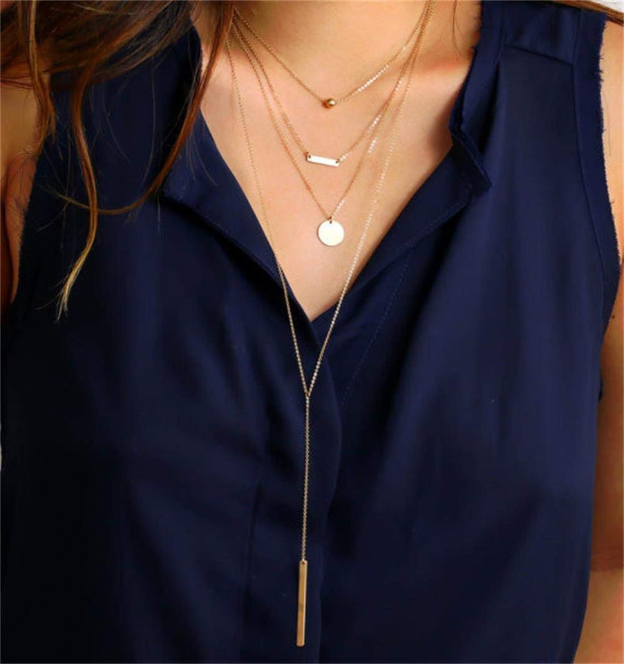 Vagalbox 1 Pcs Oro Elegante Laminado Collar Largo Gargantilla, Bohemio Aleación Colgante Multilayer Bar Moneda Collar Cadenas de Clavícula Collar con Encanto