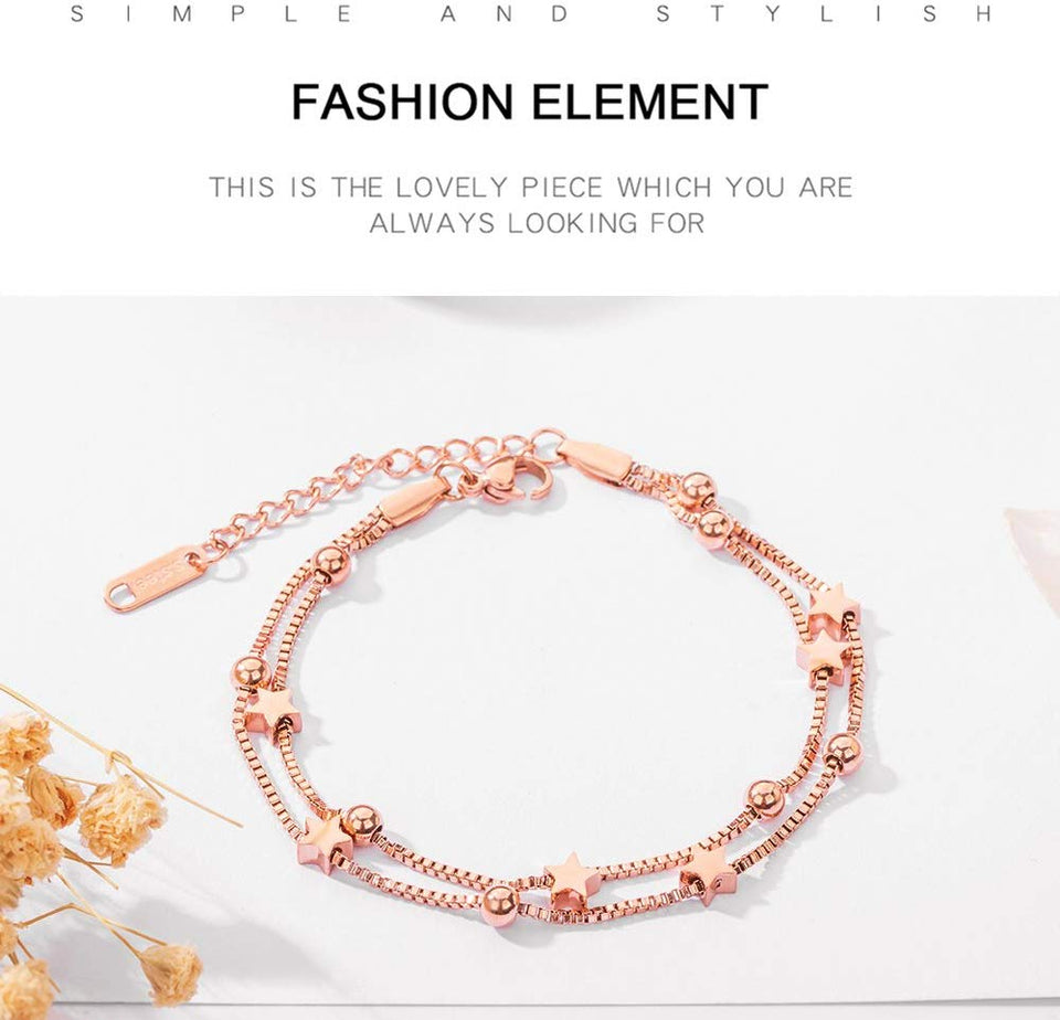 CHIFEI Pulsera Mujer Acero 18K Titanio con Cisne en forma de corazón Lucky Star Colgante Doble Rosa Chapado en oro Pulsera Regalo para damas Amor Día de San Valentín
