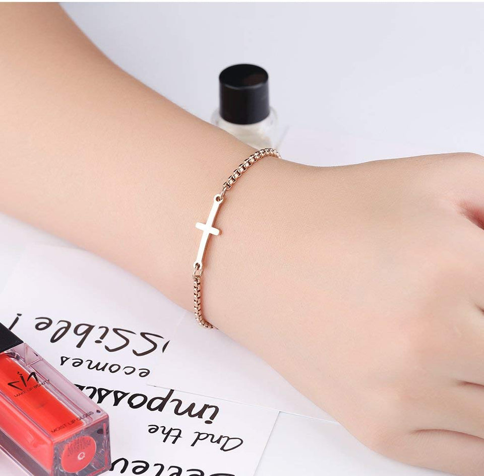 CHIFEI Pulsera Mujer de Acero 18K Titanio con Dije Cruz Chapado en Oro Rosa Dorado Plateado Brazalete Dama Regalo Amor cumpleaños