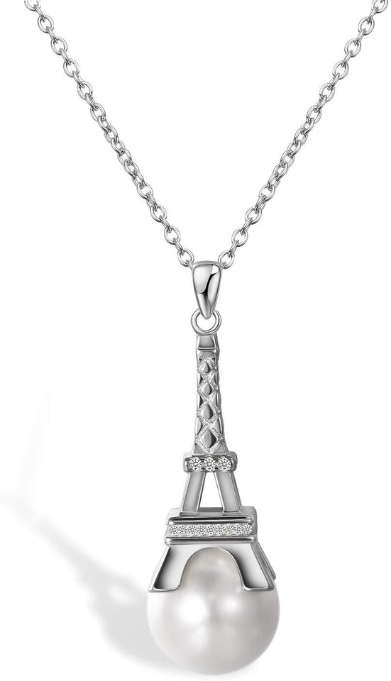 Aroncent Collar Mujer de 925 Plata de Ley Esterlina Colgante Torre Eiffel Francés Tridimensional con Perla Joyería Elegante Diseño Original Regalo para Amor Novia, Plateado