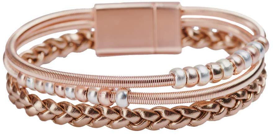 LuckyLy – Pulseras Mujer Modernas Joy – Brazalete para Mujer – Lazos de Piel y Acero Entrecruzado – Oro Rosado y Plata, Plata y Bronce – con Acero Inoxidable Matificado – Broche Magnético Resistente