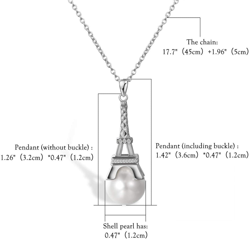 Aroncent Collar Mujer de 925 Plata de Ley Esterlina Colgante Torre Eiffel Francés Tridimensional con Perla Joyería Elegante Diseño Original Regalo para Amor Novia, Plateado