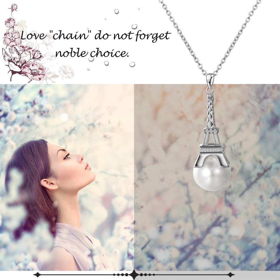 Aroncent Collar Mujer de 925 Plata de Ley Esterlina Colgante Torre Eiffel Francés Tridimensional con Perla Joyería Elegante Diseño Original Regalo para Amor Novia, Plateado