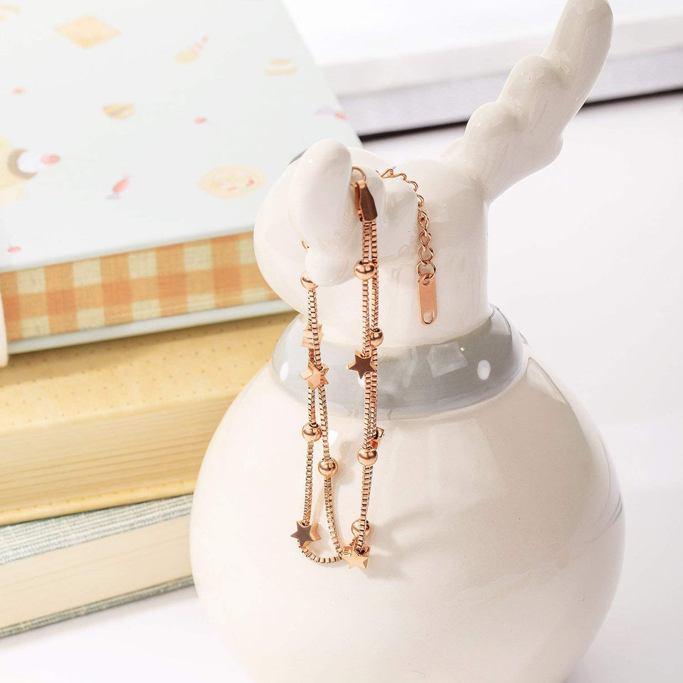 CHIFEI Pulsera Mujer Acero 18K Titanio con Cisne en forma de corazón Lucky Star Colgante Doble Rosa Chapado en oro Pulsera Regalo para damas Amor Día de San Valentín