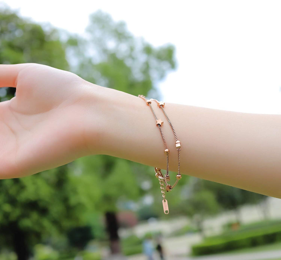 CHIFEI Pulsera Mujer Acero 18K Titanio con Cisne en forma de corazón Lucky Star Colgante Doble Rosa Chapado en oro Pulsera Regalo para damas Amor Día de San Valentín