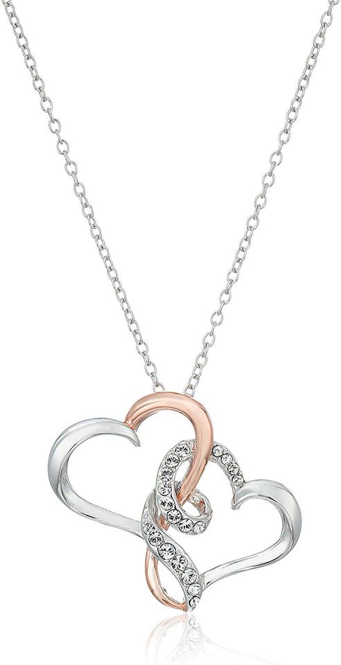 Amazon CollectionRhodium, Rose Gold Plated Sterling Silver White Swarovski Crystal Swirly Double Open Hearts Pendant Necklace, 18"