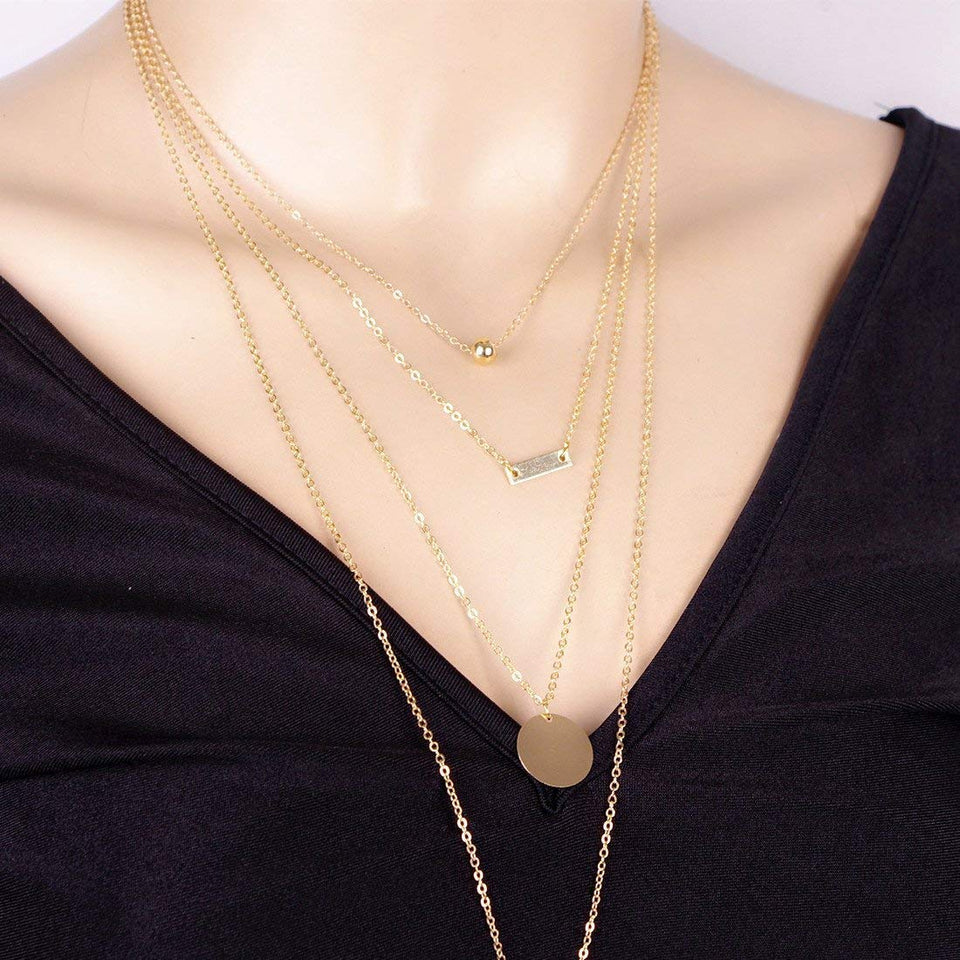 Vagalbox 1 Pcs Oro Elegante Laminado Collar Largo Gargantilla, Bohemio Aleación Colgante Multilayer Bar Moneda Collar Cadenas de Clavícula Collar con Encanto