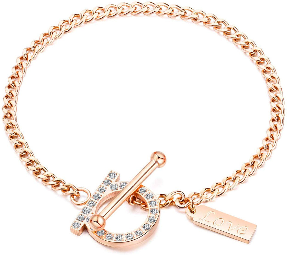 CHIFEI Pulsera Amor Acero Inoxidable Oro Rosa con Piedra Cúbico Zirconia Letra D Estilo Clásico Mujer