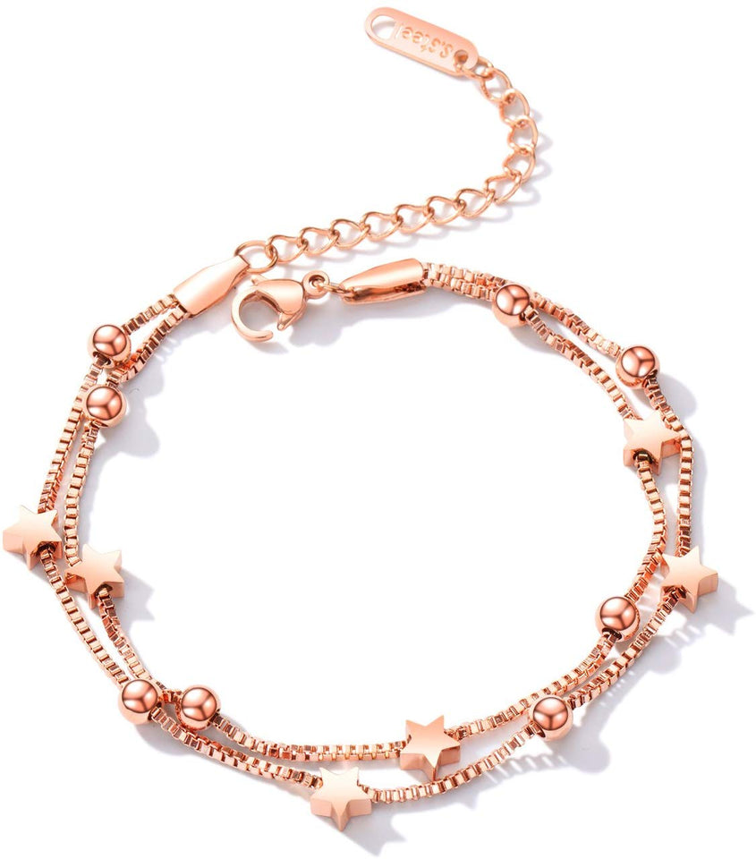 CHIFEI Pulsera Mujer Acero 18K Titanio con Cisne en forma de corazón Lucky Star Colgante Doble Rosa Chapado en oro Pulsera Regalo para damas Amor Día de San Valentín