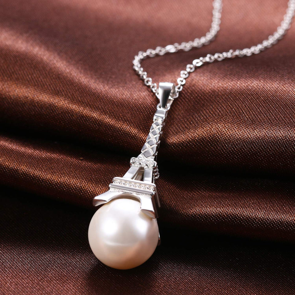 Aroncent Collar Mujer de 925 Plata de Ley Esterlina Colgante Torre Eiffel Francés Tridimensional con Perla Joyería Elegante Diseño Original Regalo para Amor Novia, Plateado
